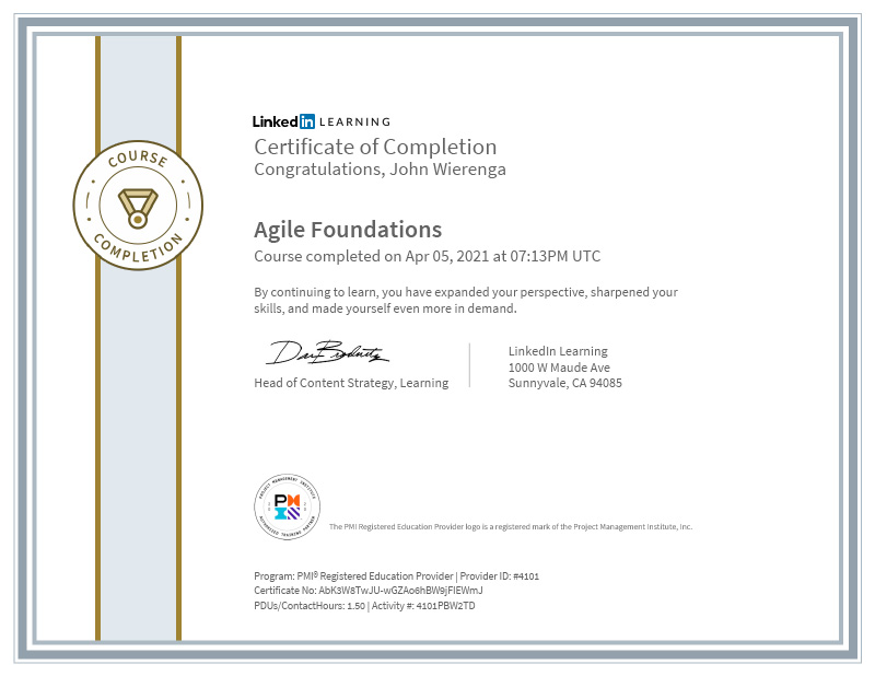 John Wierenga's Certificate Of Completion Agile Foundations