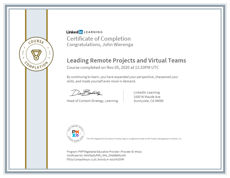 John Wierenga's Certificate Of Completion Leading Remote Projects and Virtual Teams