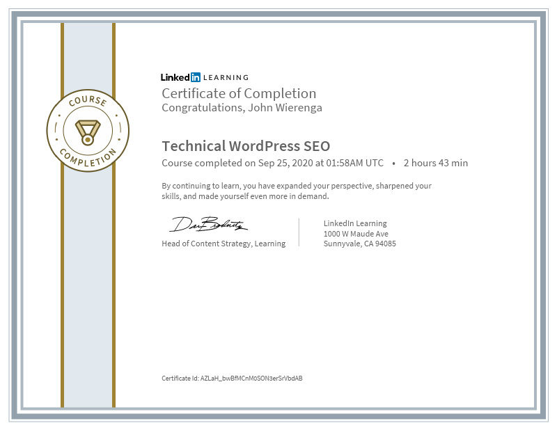 John Wierenga's Certificate Of Completion Technical WordPress SEO