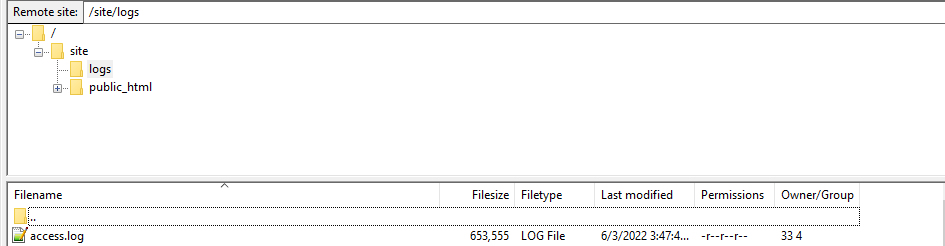 Screenshot of where to find WPMU Hosting access log, in SFTP.